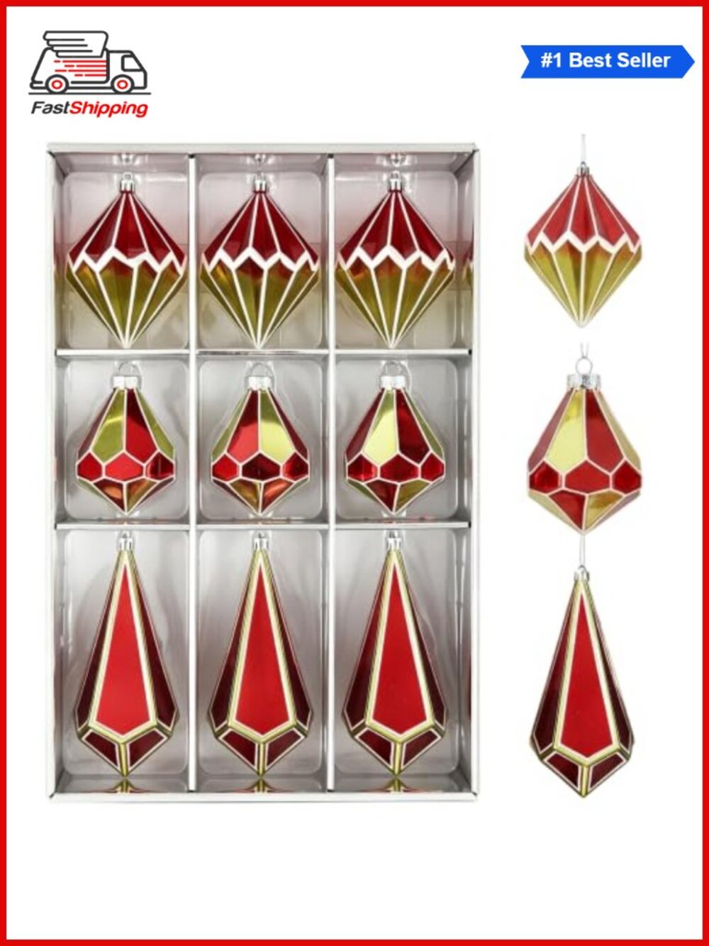🎅 9 Pack Geometric Christmas Tree Ornaments Faceted Hanging Decor
